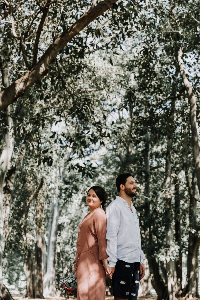 couple in a forest during pre wedding photoshoot
